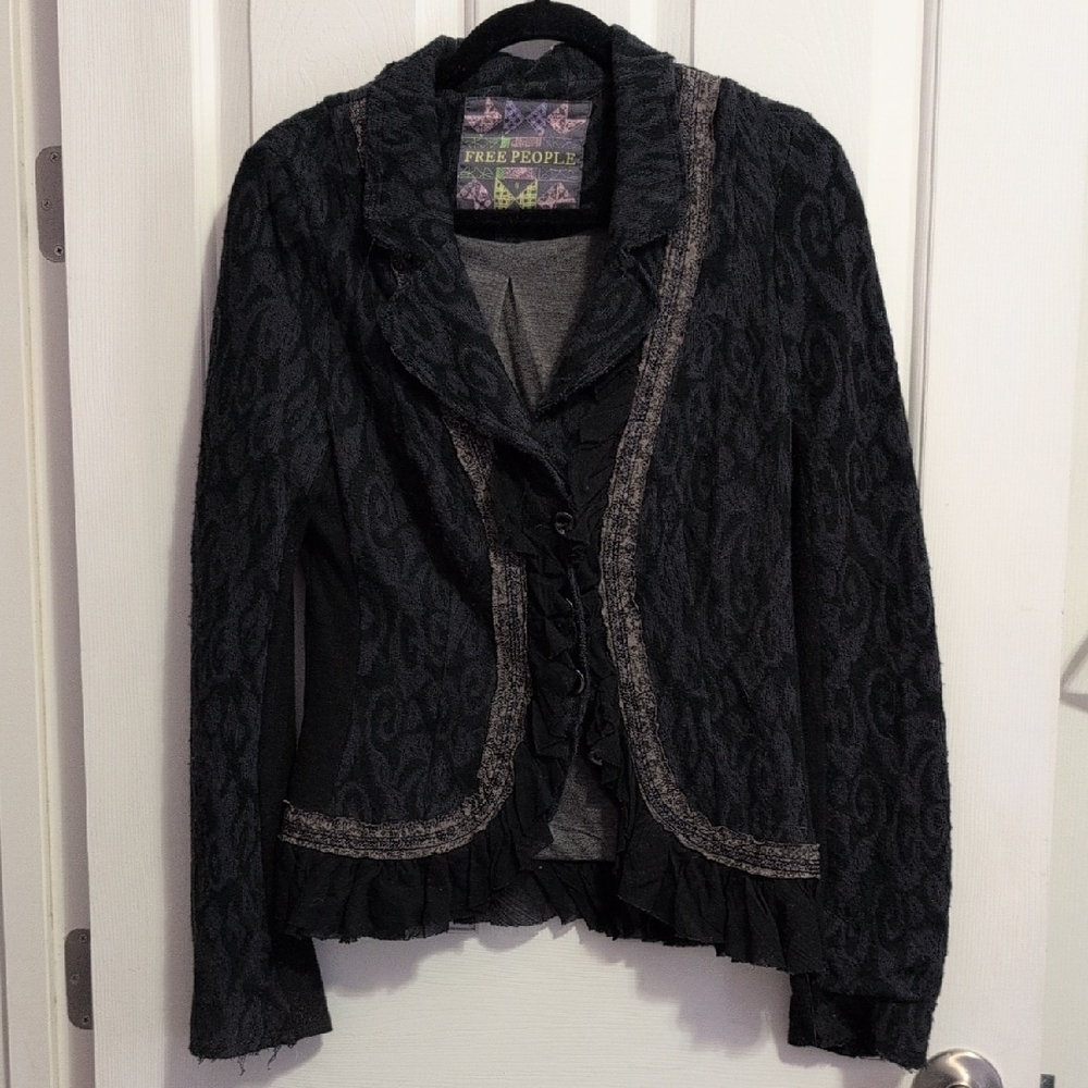 Free People Black Blazer with Textured Trim